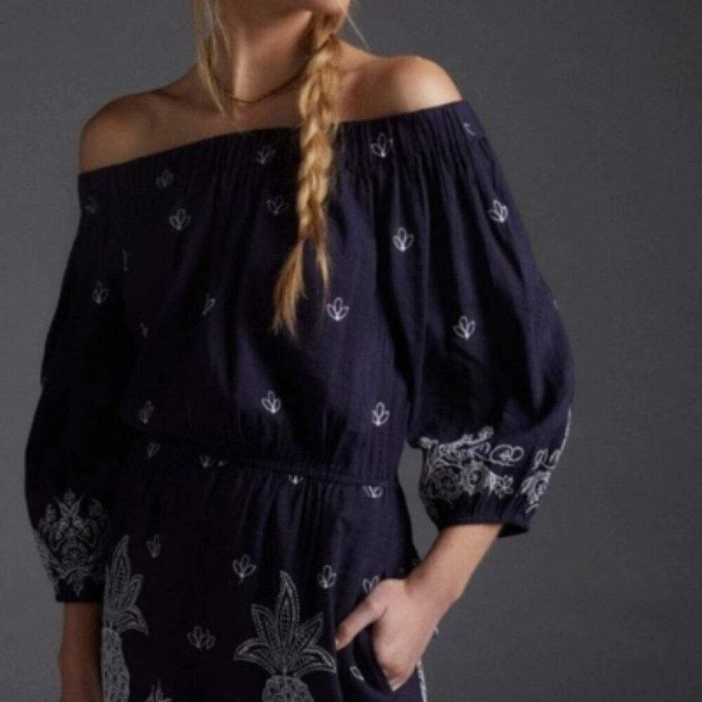 FARM Rio Navy Blue Off-Shoulder Embroidered Jumpsuit